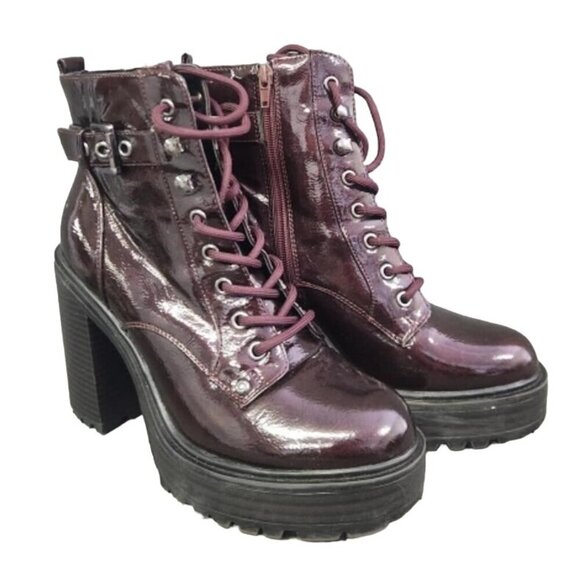 Guess GBG Sammi Chunky Platform Burgundy Patent Vegan Leather Combat Boots 7.5 - Picture 1 of 5